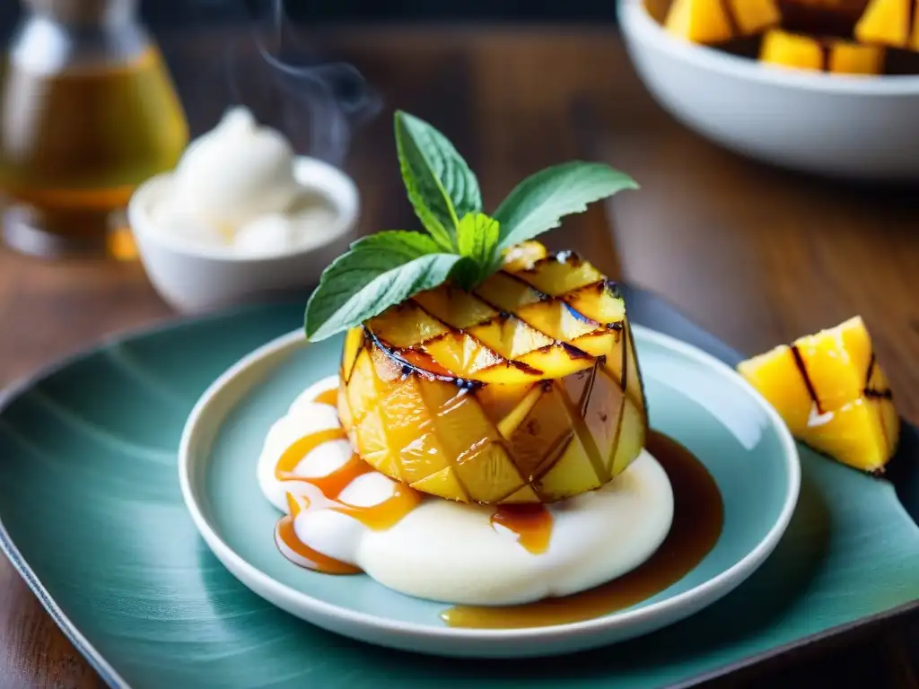 Un exquisito postre a la parrilla gourmet: piña caramelizada con helado de coco, salsa de ron, coco tostado y menta fresca