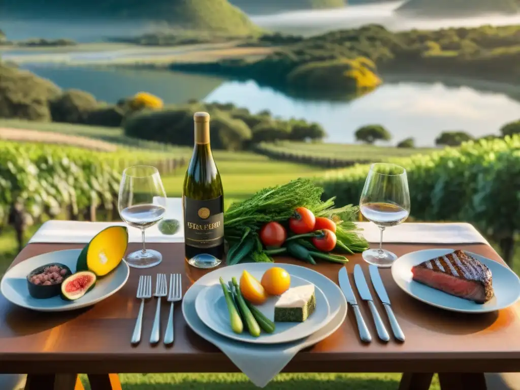 Un exquisito retiro gourmet en el campo uruguayo con mesa elegante al aire libre y comida tradicional uruguaya al atardecer