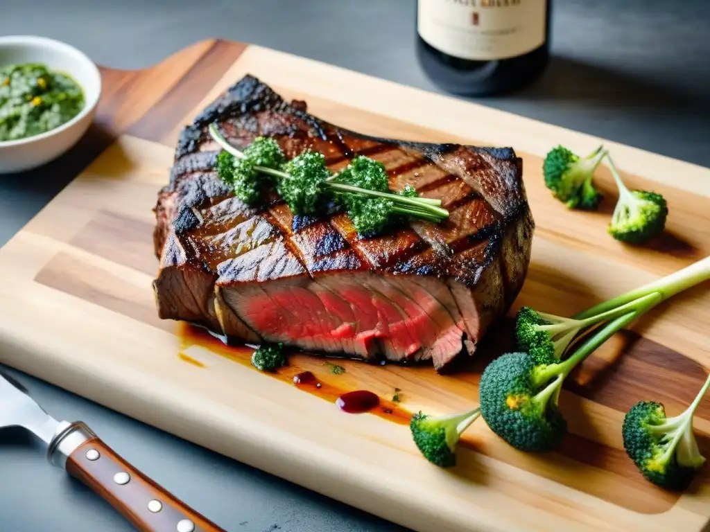 Exquisito tomahawk asado con chimichurri, vegetales a la parrilla y Malbec