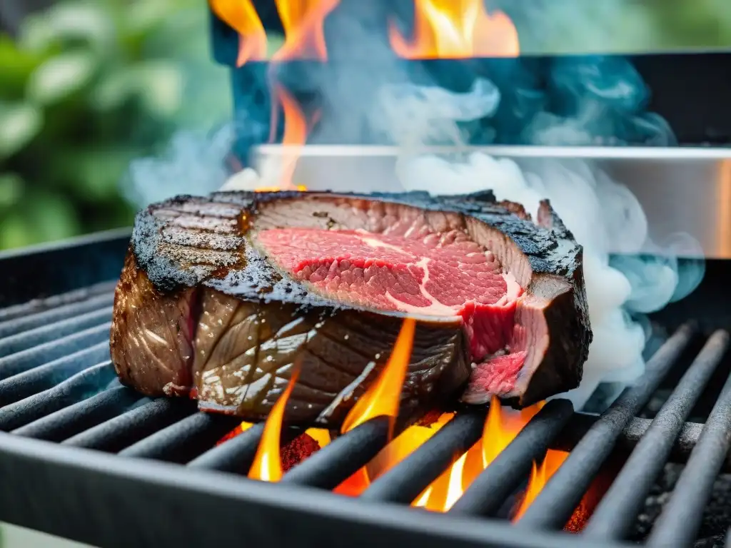 Exquisito Wagyu en parrilla gourmet con patio lujoso y verdor