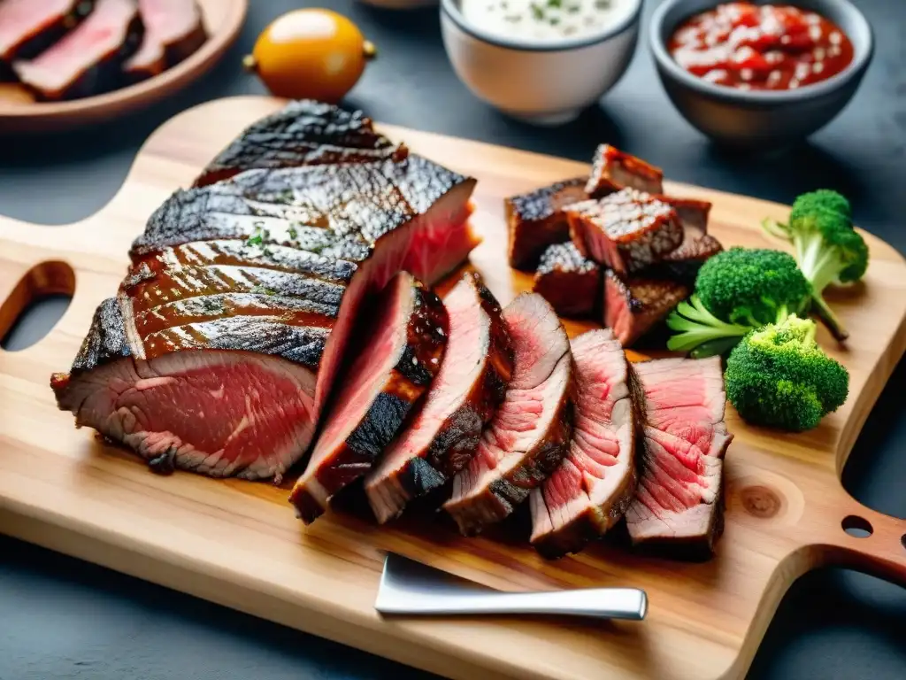 Exquisitos cortes de carne uruguaya en tabla rústica, asados a la perfección