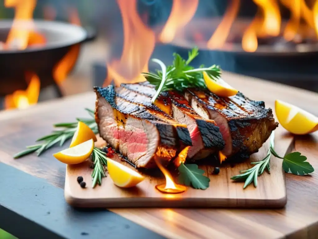 Exquisitos cortes innovadores para parrilla de cerdo uruguayo, con chimichurri y vegetales a la parrilla en un entorno rústico