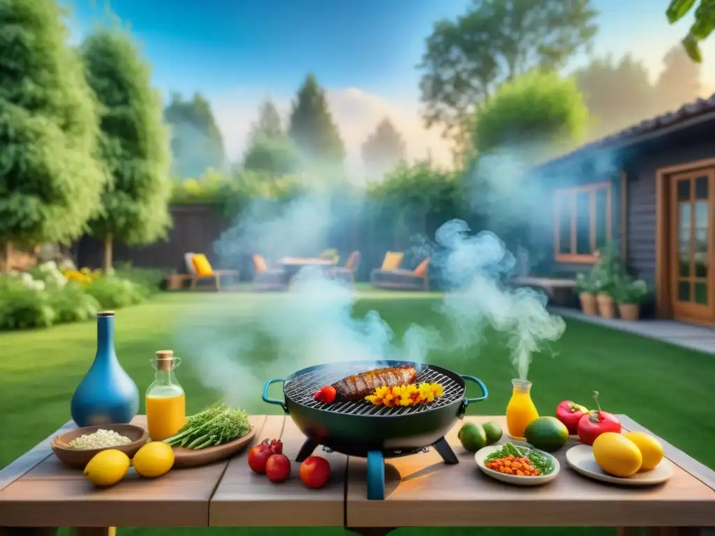 Una familia disfruta cocinando al aire libre, rodeados de naturaleza y alimentos coloridos