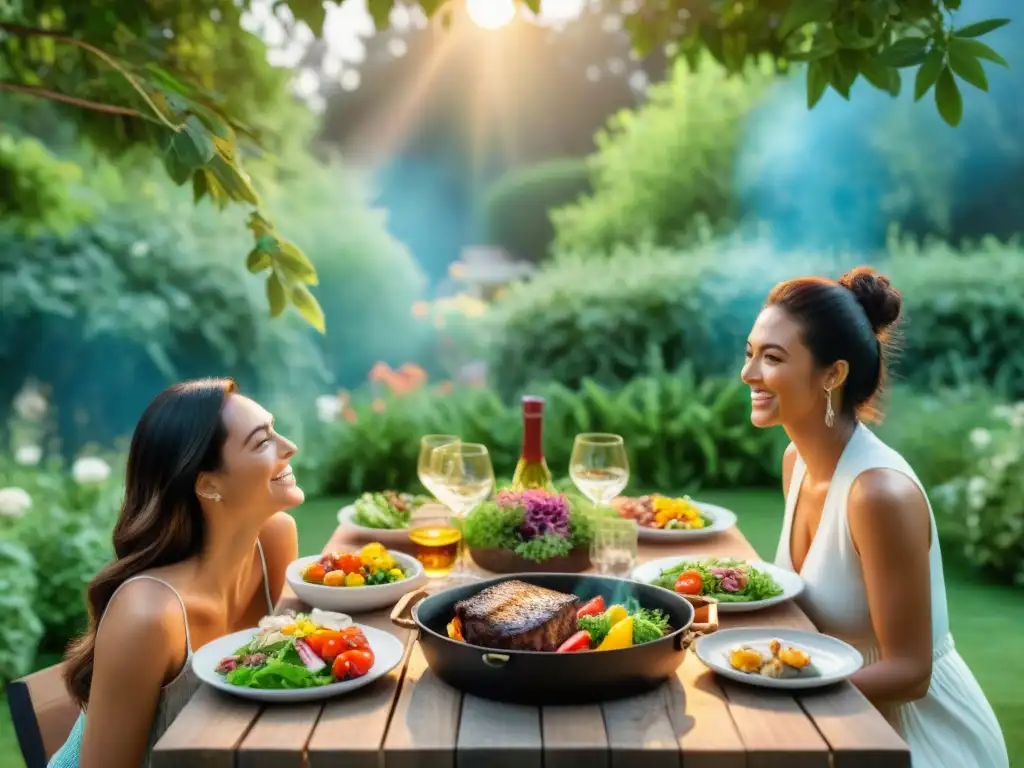 Una familia disfruta de una alegre comida al aire libre, rodeada de naturaleza exuberante