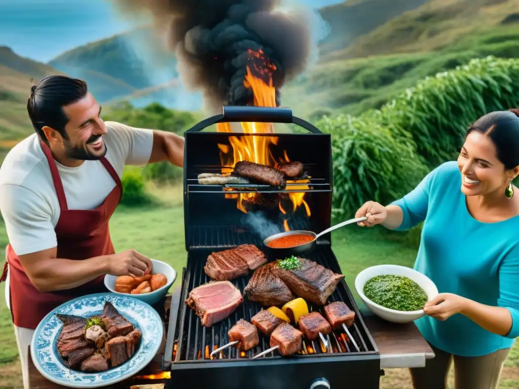 Una familia uruguaya disfruta de un asado al aire libre entre la naturaleza, destacando el papel del asado en Uruguay