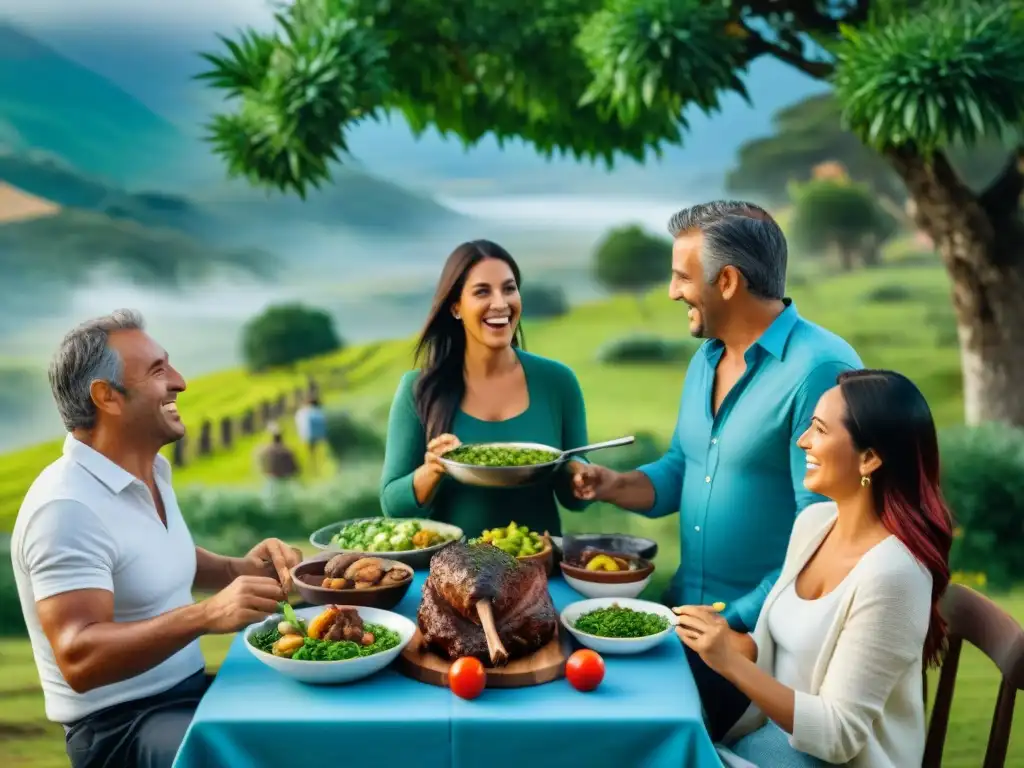 Una familia uruguaya disfruta de un asado al aire libre, compartiendo risas y tradiciones