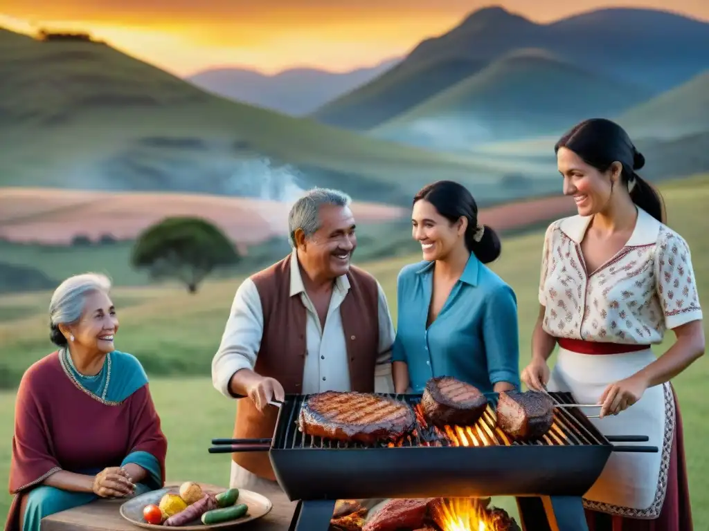 Familia uruguaya disfruta de tradición asado alrededor de la parrilla en la noche