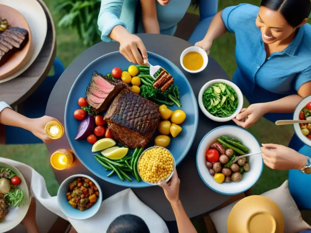 Una familia disfruta de un asado saludable al aire libre al atardecer