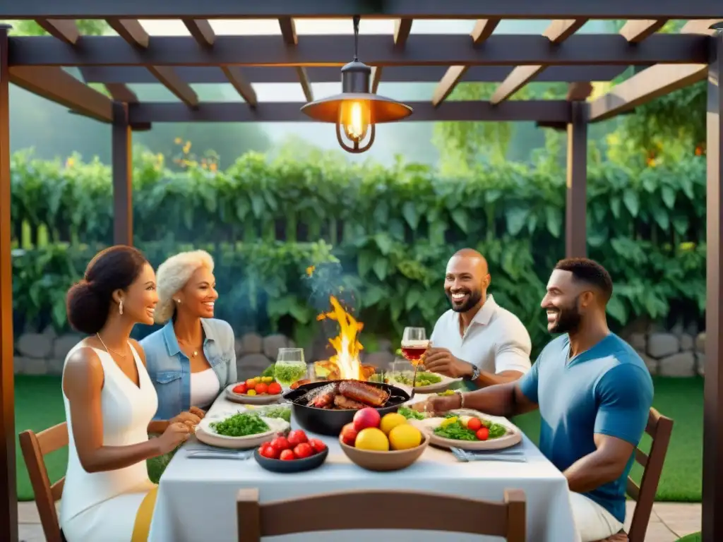 Una familia disfruta de una deliciosa barbacoa al aire libre al atardecer, resaltando los Beneficios de cocinar al aire libre