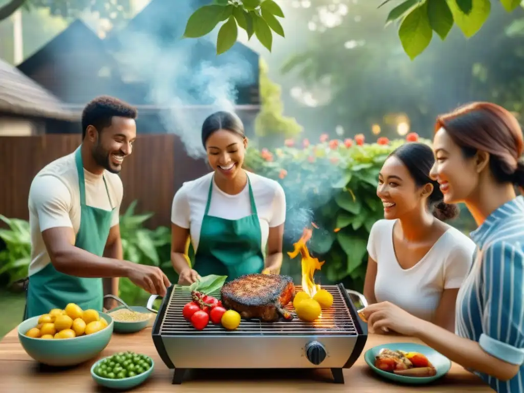 Una familia feliz preparando recetas divertidas asado en familia al aire libre, rodeados de ingredientes coloridos