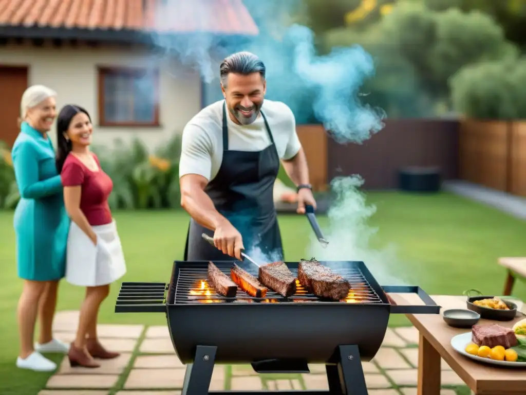 Familia feliz preparando recetas divertidas asado en familia alrededor de la parrilla uruguaya en el jardín