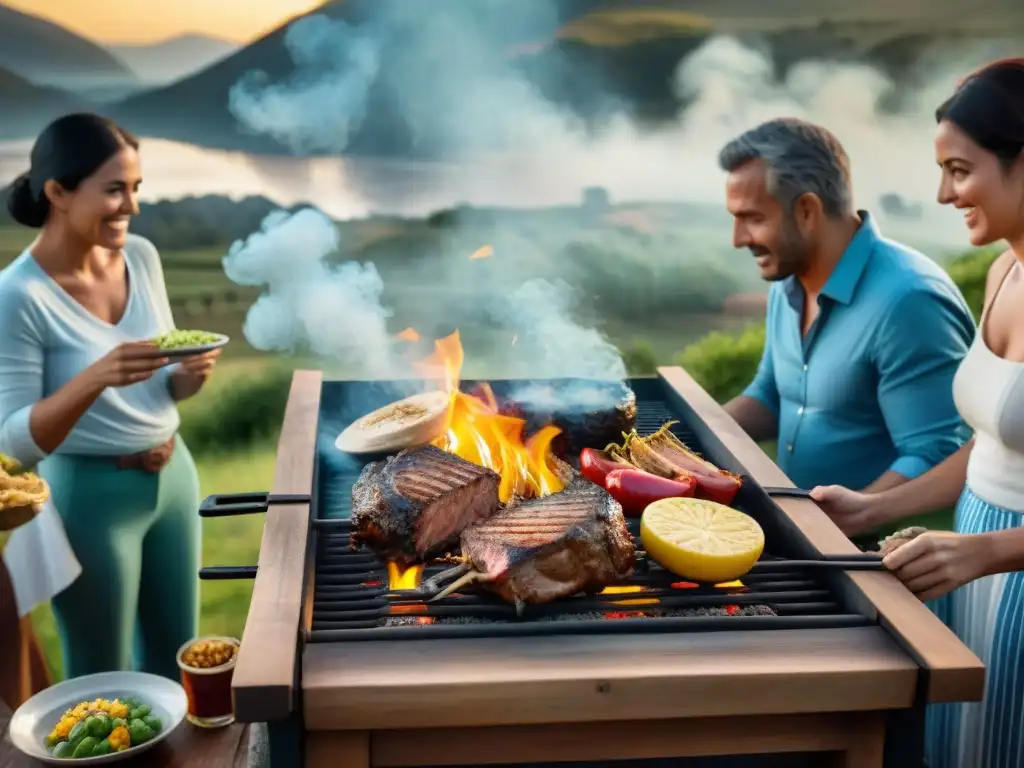 Una familia uruguaya multigeneracional comparte un asado tradicional en el campo al atardecer