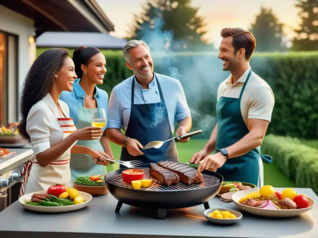 Familia disfruta con seguridad de parrilla de alta gama al atardecer en el patio