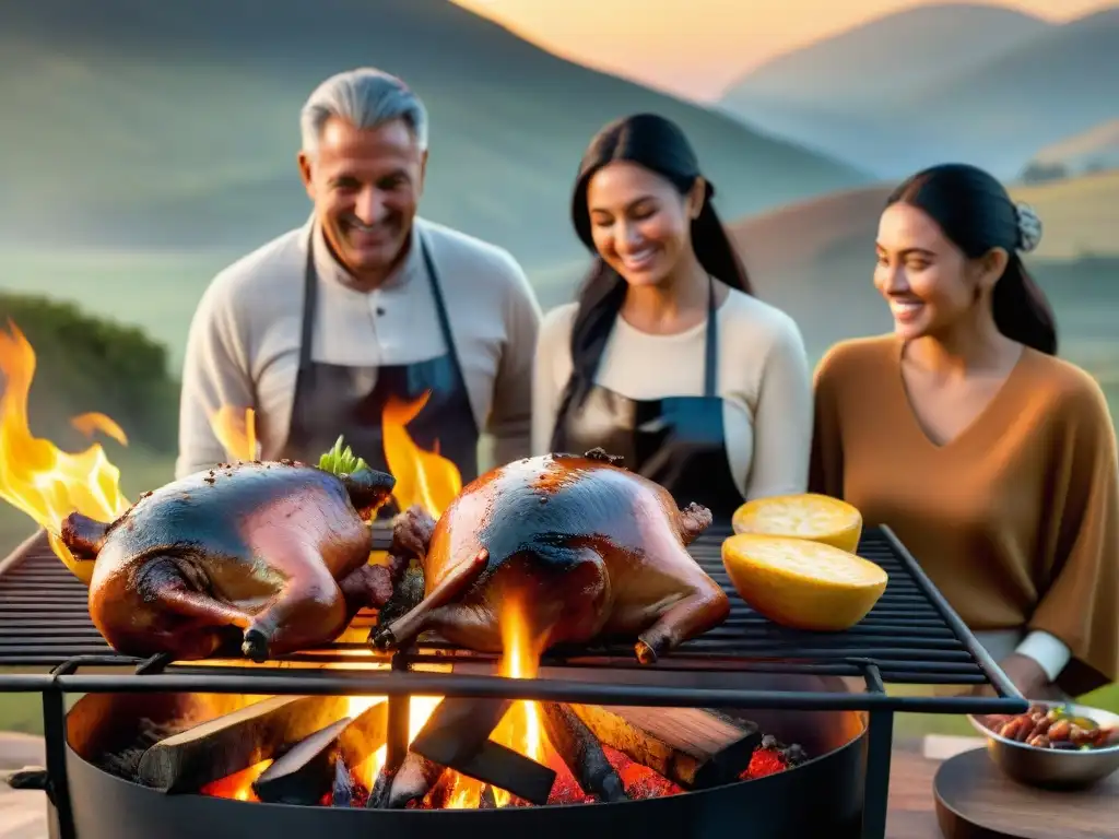 Una familia uruguaya tradicional disfruta preparando un asado de cerdo, mostrando alegría y camaradería