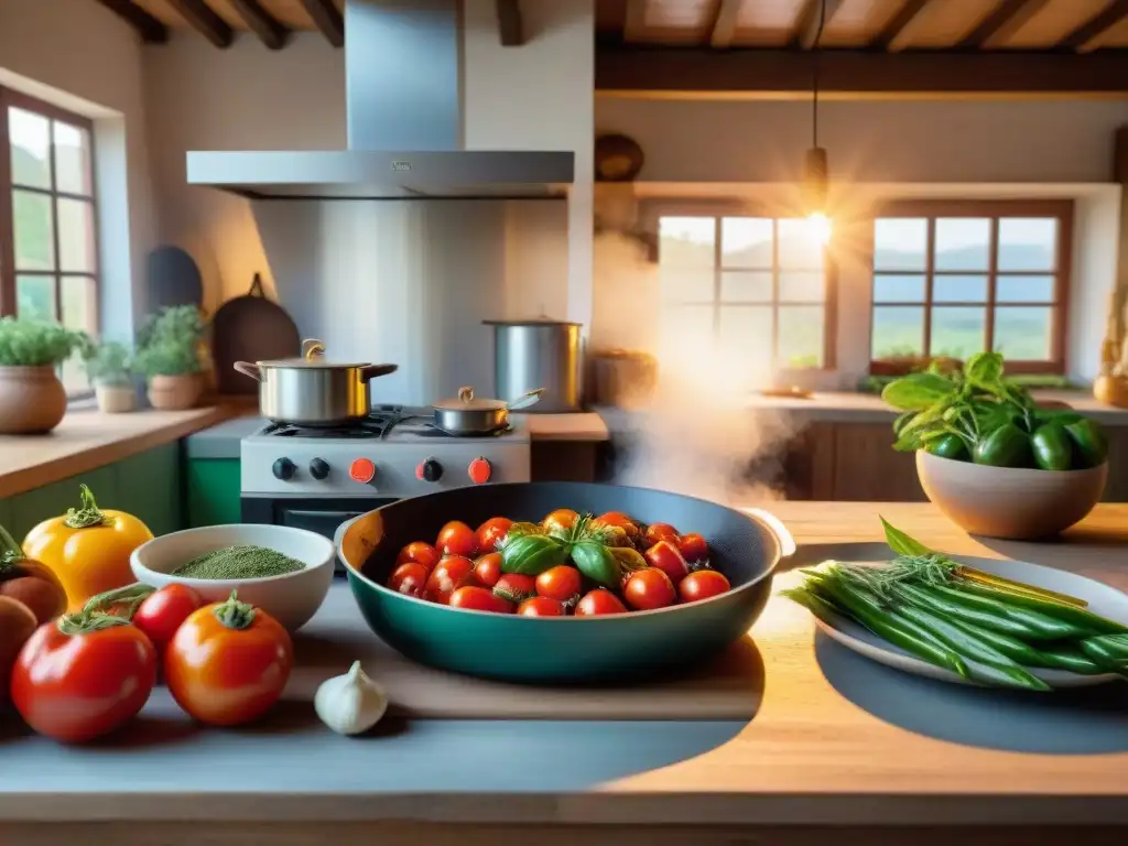 Una familia uruguaya tradicional preparando salsas vibrantes para asado en una cocina acogedora