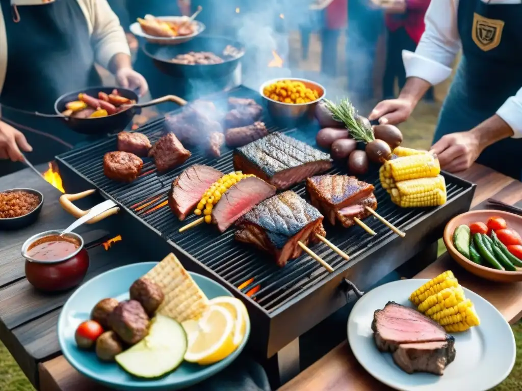 Celebración familiar en un asado uruguayo tradicional, rodeados de amigos y deliciosas carnes a la parrilla