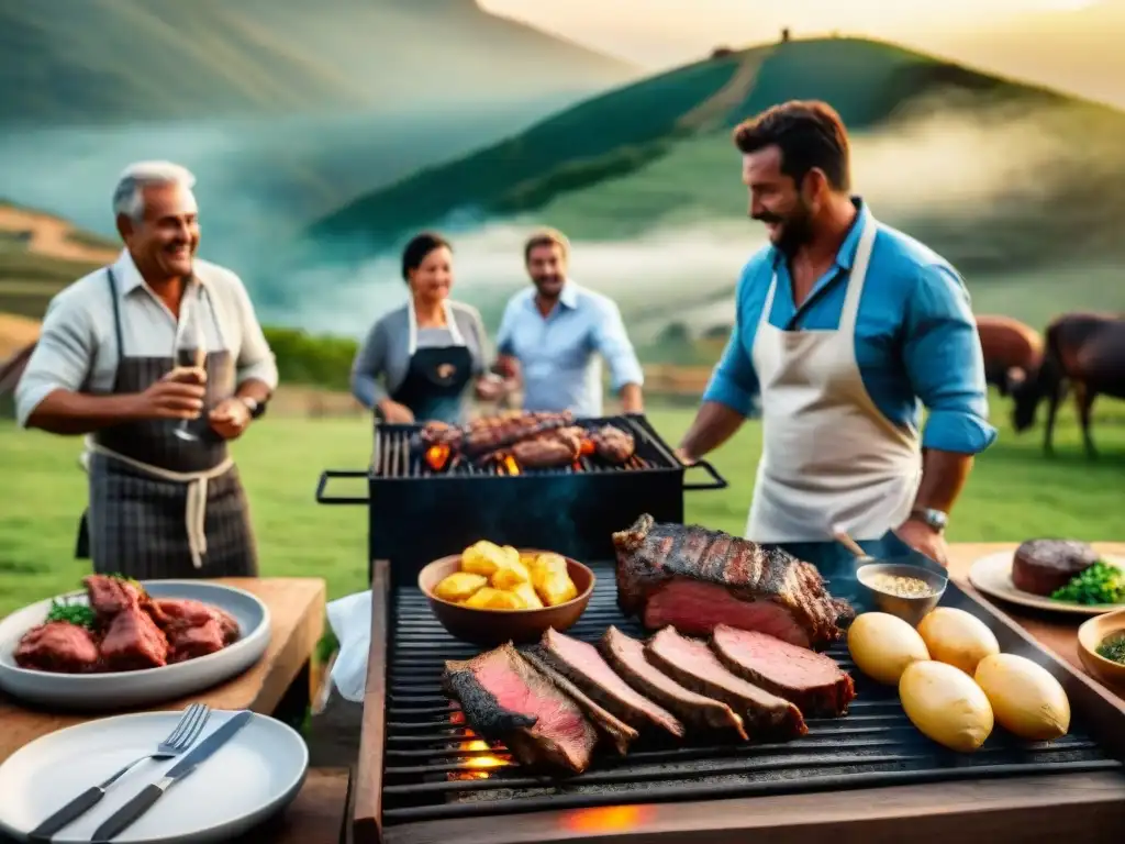 Celebración familiar en asado uruguayo con vinos orgánicos para asado sostenible