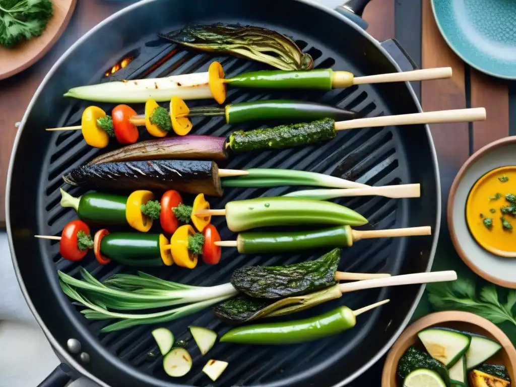 Un festín de Accesorios asado vegetariano tradición: vegetales coloridos en la parrilla uruguaya, con chimichurri y utensilios rústicos