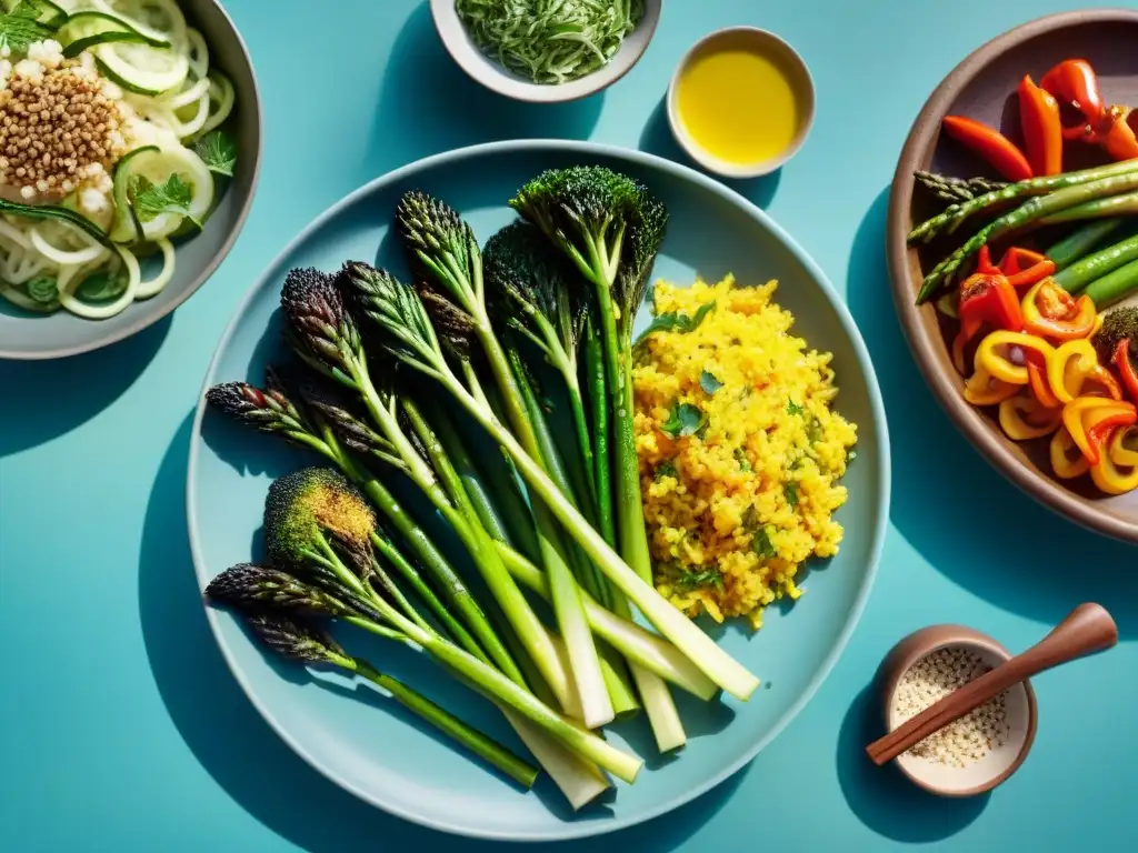 Un festín de acompañamientos bajos en carbohidratos para barbacoa: arroz de coliflor, espárragos, zoodles de calabacín y pimientos asados, decorados con hierbas frescas y aceite de oliva