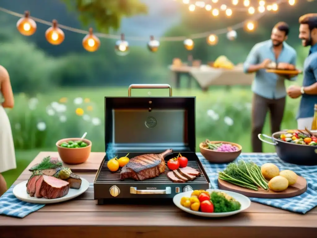 Un festín al aire libre: amigos riendo, asado en la parrilla, jardín exuberante y mesa colorida al atardecer