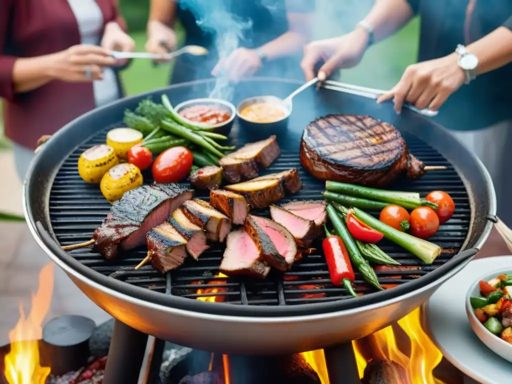 Un festín al aire libre con carnes y verduras en la parrilla, bañadas en salsa, amigos y risas