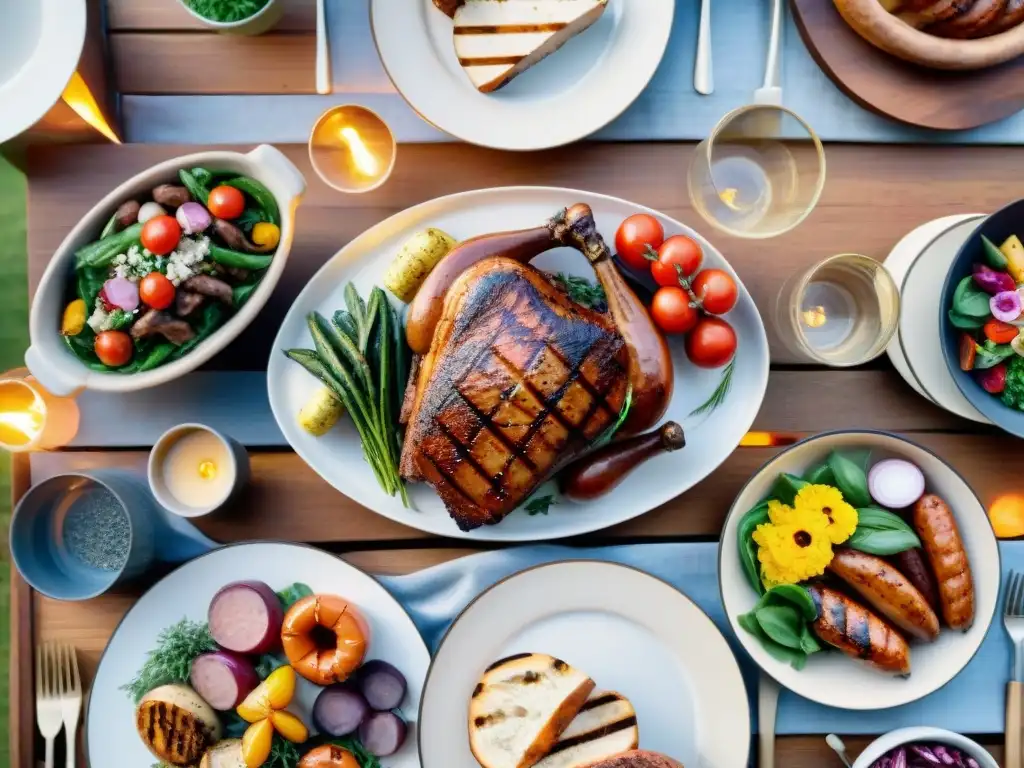 Un festín al aire libre con deliciosas carnes asadas y guarniciones coloridas, ideal para celebraciones