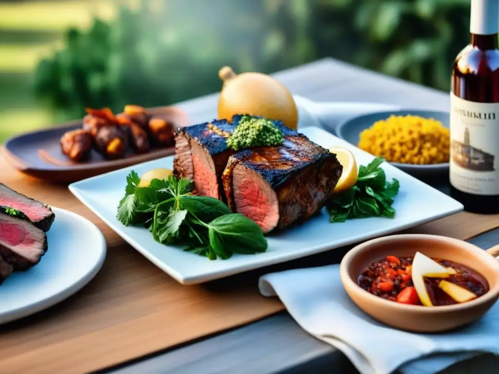 Un festín al aire libre con maridajes únicos para asado uruguayo, rodeado de vegetación exuberante y bañado por la cálida luz del atardecer