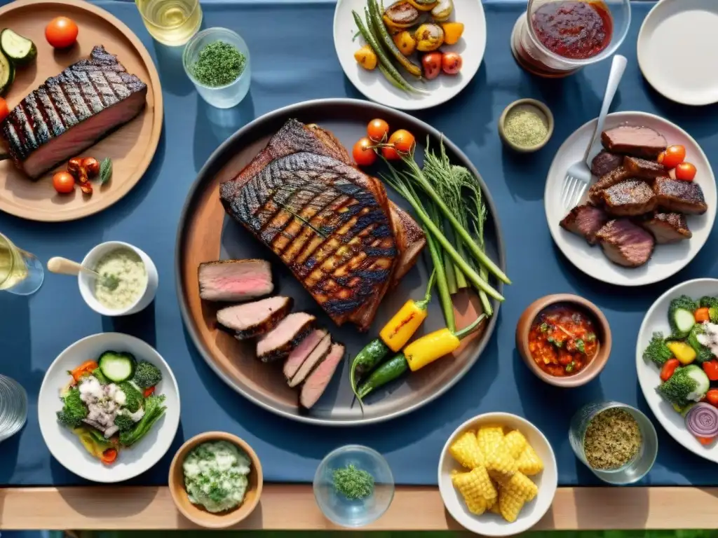 Un festín al aire libre con un menú asado adaptado a diferentes gustos: carnes, verduras y guarniciones en una mesa de madera