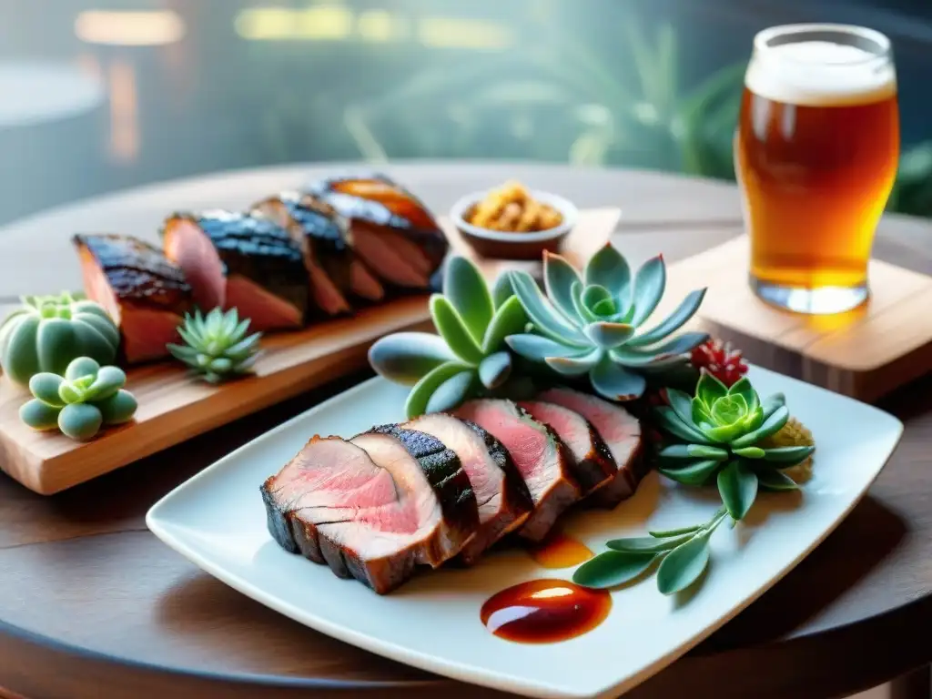 Un festín al aire libre: mesa de madera rústica con suculentas carnes a la parrilla y cervezas artesanales Uruguay