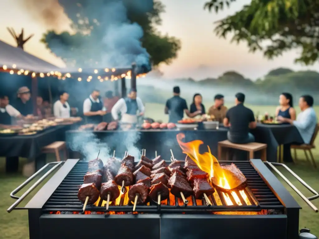 Un festín al aire libre con técnicas avanzadas de asado uruguayo, gente disfrutando bajo luces festivas