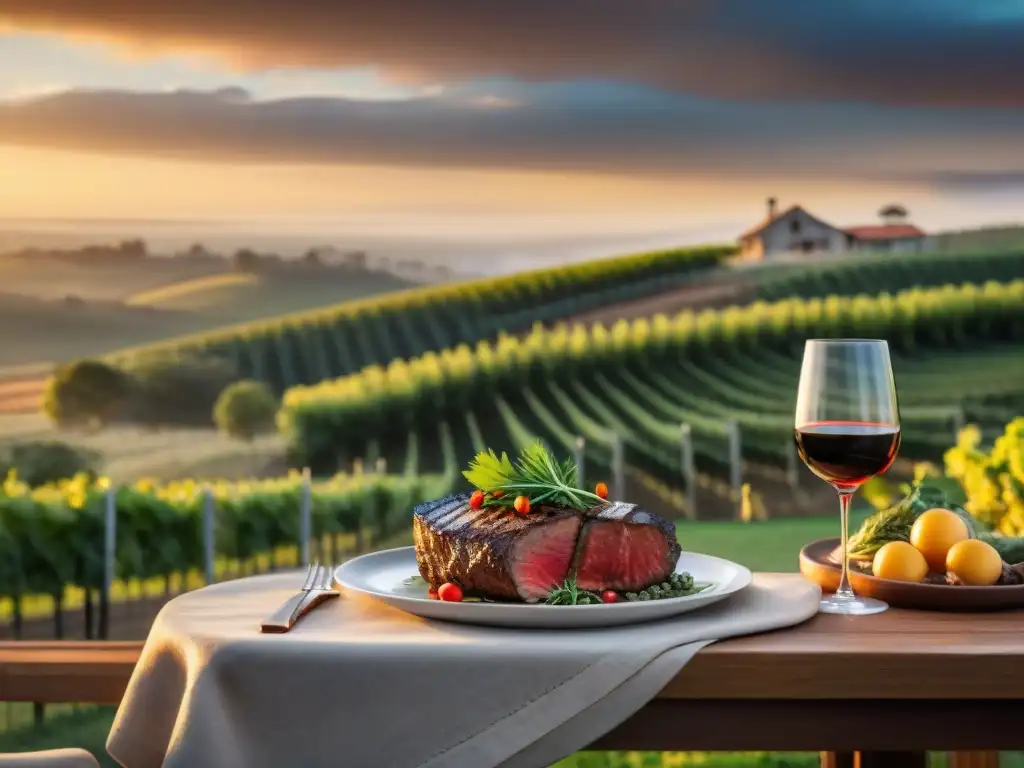 Un festín al aire libre con vinos uruguayos y asado bajo el atardecer dorado