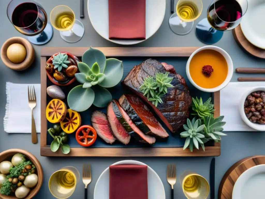 Un festín al aire libre con vinos uruguayos maridaje asado, carnes y guarniciones coloridas
