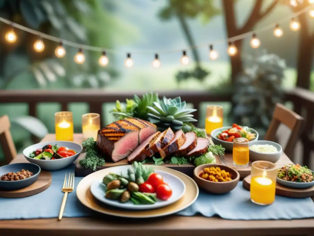 Un festín de asado al aire libre para celebraciones, con carnes jugosas y coloridos platos, en una mesa decorada elegantemente