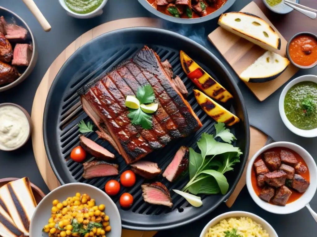 Un festín de asado argentino con carnes jugosas y condimentos tradicionales, capturando la esencia de un concurso de fotografía de asado