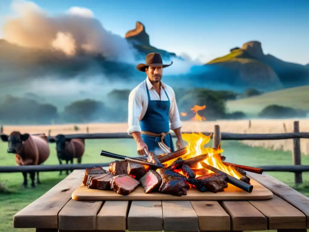 Un festín de asado en el campo uruguayo con gauchos, carne a la parrilla y cielo azul