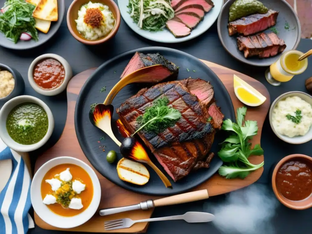 Un festín de Asado con Cuero uruguayo en una mesa rústica, con chimichurri y ensalada mixta