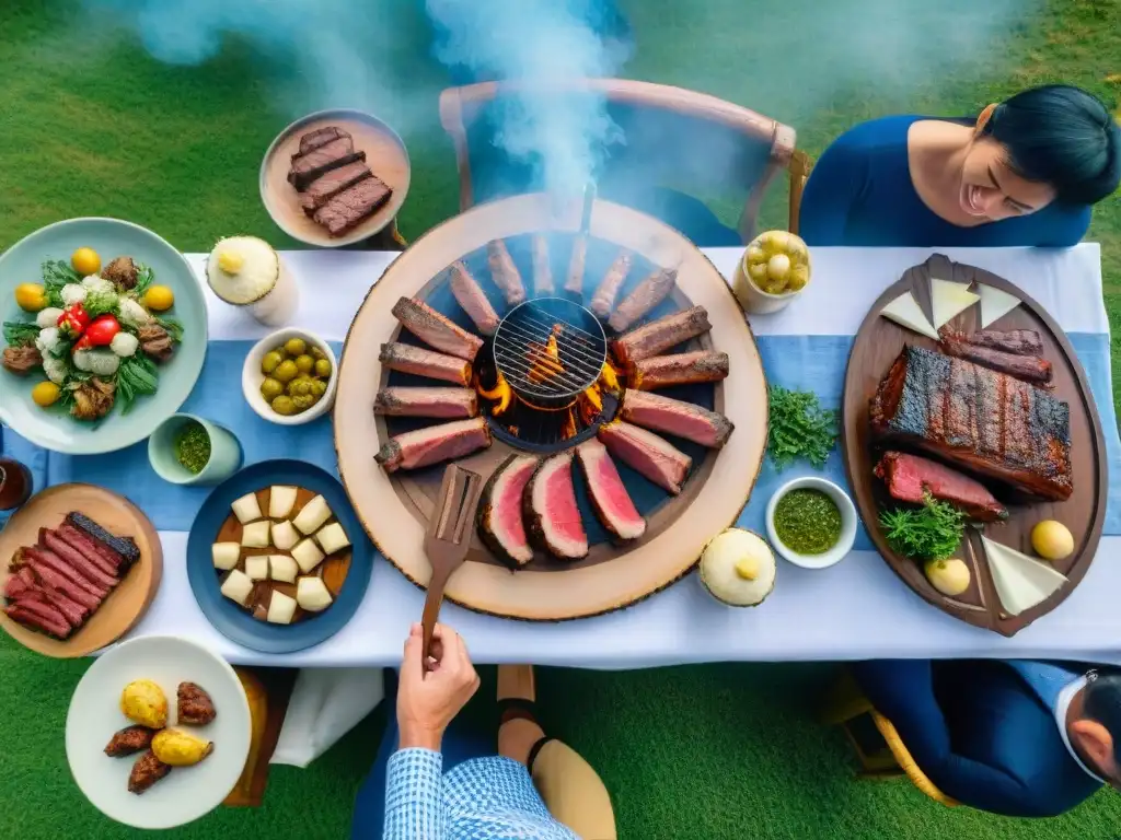 Festín de asado uruguayo al aire libre con amigos sonrientes disfrutando, rodeado de naturaleza