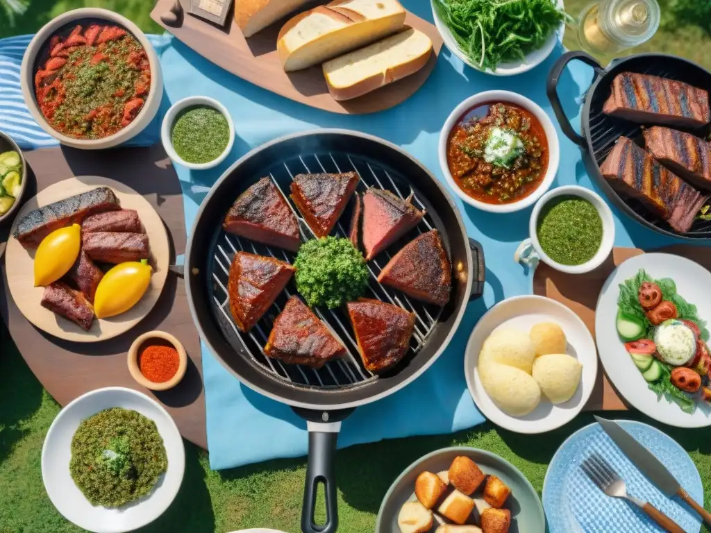 Un festín de asado uruguayo con amigos y familia al aire libre bajo el sol, rodeado de deliciosas recetas asado uruguayo maridaje