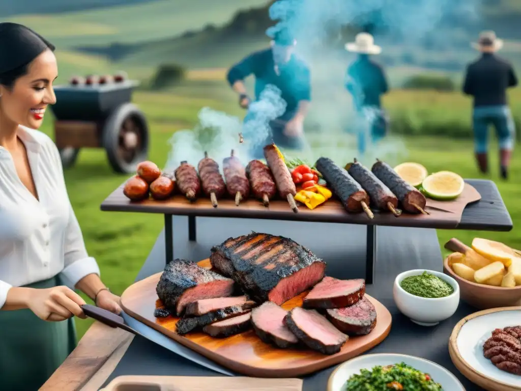 Delicioso asado uruguayo en el campo Un festín de asado uruguayo en el campo, rodeado de naturaleza y alegría