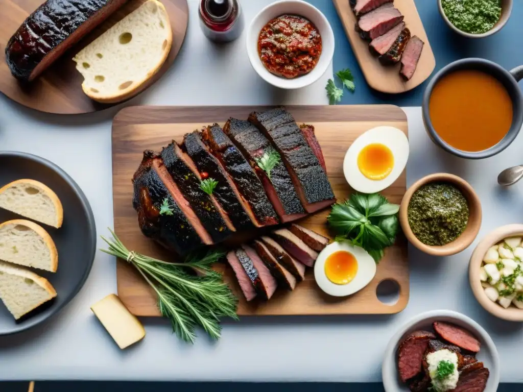 Un festín de asado uruguayo en el campo al atardecer, con chorizo, morcilla, chimichurri y vino Tannat