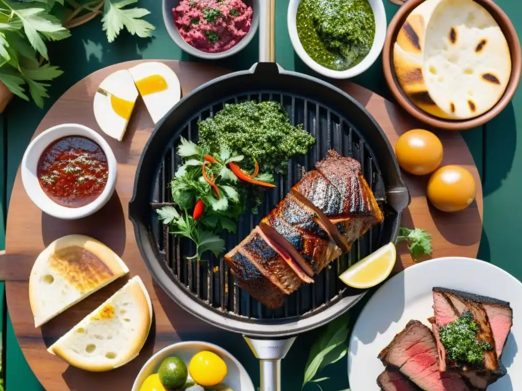 Un festín de asado uruguayo en un jardín, con carne a la parrilla, chimichurri, pan y vino Tannat