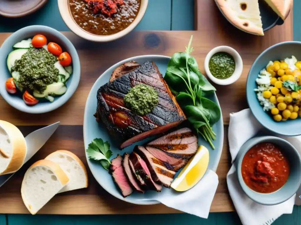 Un festín de asado uruguayo con carnes, chimichurri y ensaladas en un entorno rústico y acogedor