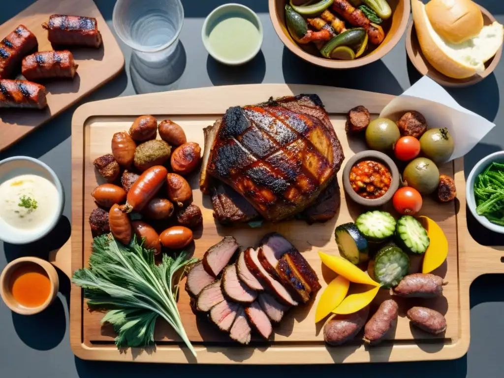 Un festín de asado uruguayo: carnes a la parrilla, chorizos, vegetales frescos en tabla de madera al aire libre