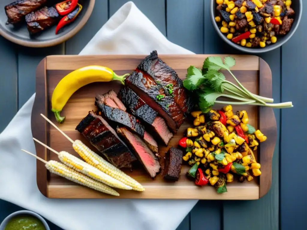 Un festín de asado uruguayo sin gluten: carnes a la parrilla, vegetales y una jugosa churrascada en un idílico entorno al aire libre con humo de fondo