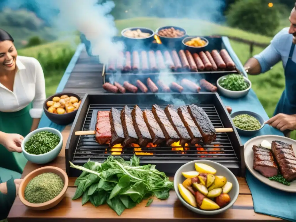 Un festín de asado uruguayo: carnes, ensaladas y risas en el campo