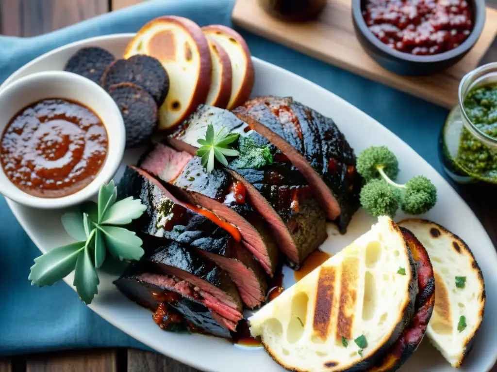 Un festín del asado uruguayo: chorizo, morcilla, asado de tira, chimichurri, pan y vino Tannat