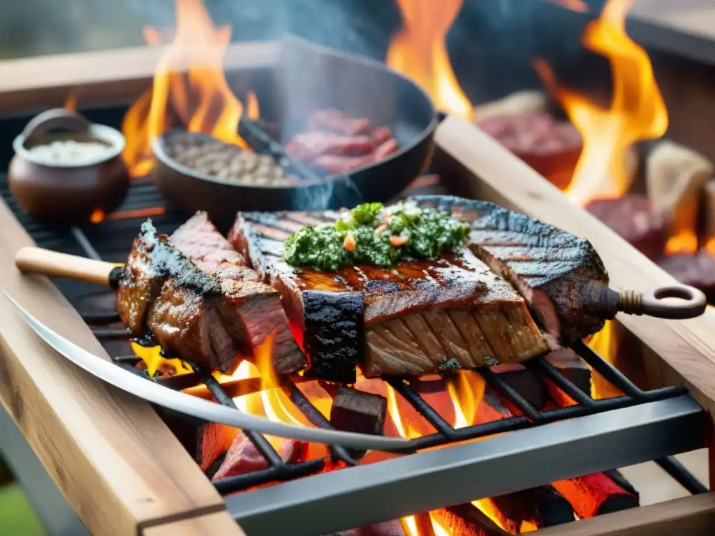 Un festín de asado uruguayo con chorizo, morcilla y asado cocinándose a la perfección sobre brasas brillantes