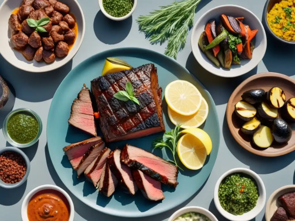 Un festín sin gluten: asado uruguayo con churrasco, morcilla y chorizo, acompañado de ensalada mixta, vegetales asados y chimichurri