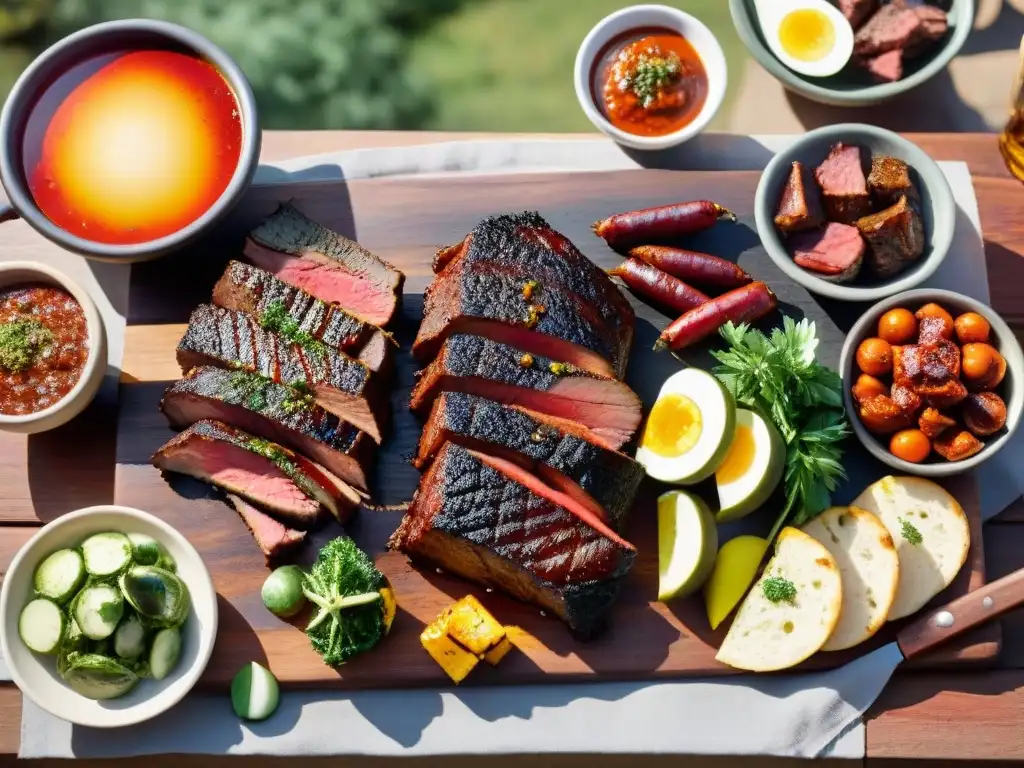 Un festín de asado uruguayo con churrasco, morcilla, chorizo y guarniciones, en una mesa rústica al aire libre al atardecer