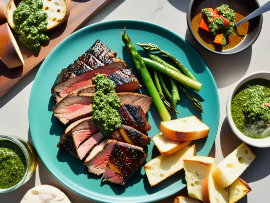 Un festín de asado uruguayo con cortes de carne en la parrilla, chimichurri y vegetales a la parrilla